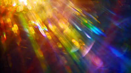 Poster - Rainbow light effect from sun flares on black background colorful glare and shine light rays on sparkling surface Rainbow refraction of sunlight Natural light effects iridescent colors : Generative AI