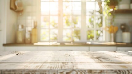 Bleached wooden table top on blurred kitchen summer window background : Generative AI