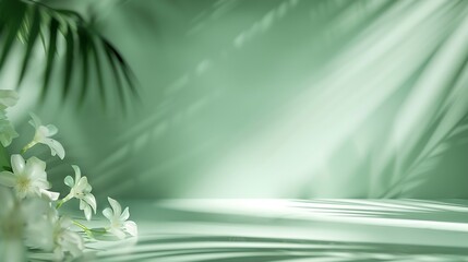 Aufkleber - Abstract gradient green studio background for product presentation Empty room with shadows of window and flowers and palm leaves  3d room with copy space Summer concert Blurred backdro : Generative AI