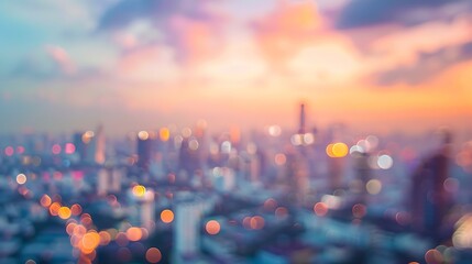 Poster - Real estate concept Abstract blur aerial view city on twilight color sky and clouds cityscape autumn sunrise background Bangkok Thailand Asia : Generative AI