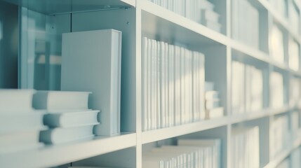 Fototapete - Abstract blurred modern white bookshelves with books manuals and textbooks on bookshelves in library or in book store for backdrop Concept for education : Generative AI