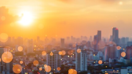 Poster - Summer sun blur golden hour hot sunset sky with city rooftop view background cityscape office building landscape blurry urban warm bright heat wave lights skyline heatwave bokeh for ev : Generative AI
