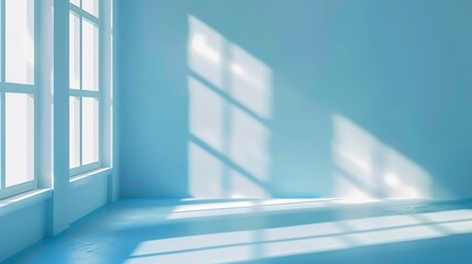 Fototapete - Minimalistic simple abstract light blue background for product presentation Shadow and light from windows on wall : Generative AI