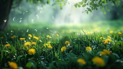 Aufkleber - Beautiful wide format image of a pristine forest lawn with fresh grass and yellow dandelions against a defocused background : Generative AI