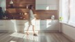 © Generative AI - Stylish kitchen interior of modern apartment with motion blurred female person walking inside Interior made in white and beige tones with wooden kitchen front and floor : Generative AI