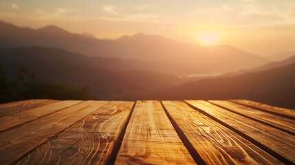 Wall Mural - Wooden table on blur mountain morning or evening view landscape Warm feeling in orange or brown tones : Generative AI