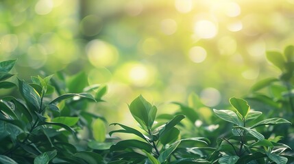 Aufkleber - Abstract blur green foliage and tree in jungle with sun light spring summer Farming concept on plant forest and environment day of farmer organic building sunshine on leaf herb lush so : Generative AI
