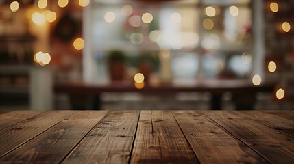 Poster - The empty wooden brown table top with blur background of home room in winter Exuberant image : Generative AI