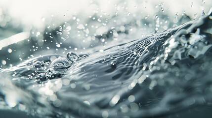 Poster - Blurred desaturated transparent clear calm water surface texture with splashes and bubbles Trendy abstract nature background Whitegrey water waves in sunlight : Generative AI