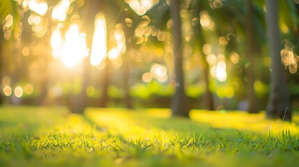 Aufkleber - Blur nature bokeh green park by beach and tropical coconut trees in sunset time : Generative AI