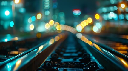 Poster - Double exposure train track with blurred light city office building night view abstract background : Generative AI