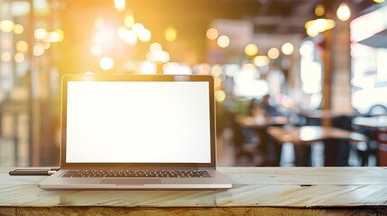 Aufkleber - Laptop with blank screen on wood table with cafe coffee shop blur background : Generative AI