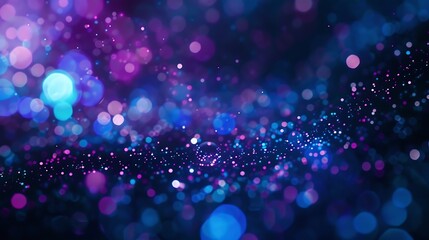 Poster - Blur neon light Lens flare overlay Bokeh fluorescent flash gleam Defocused blue purple color flecks on dark black abstract background : Generative AI