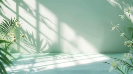 Aufkleber - Abstract gradient green studio background for product presentation Empty room with shadows of window and flowers and palm leaves  3d room with copy space Summer concert Blurred backdro : Generative AI
