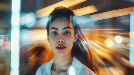 Poster - Portrait Of Businesswoman By Desk In Busy MultiCultural Office With Motion Blurred Colleagues : Generative AI