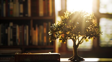 Wall Mural - Wooden tree with books on blur background of library with bookshelf Flawless : Generative AI