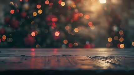 Poster - Empty table in front of christmas tree with decoration background : Generative AI