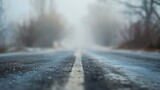 Fototapeta  - Selective blur on an smoggy foggy empty road street in the village of Vladimirovac in Vojvodina Banat Serbia in the countryside with a smog and fog during a cold freezing evening dusk  : Generative AI