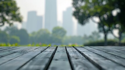 Wall Mural - Empty wooden table with blurred city park on background : Generative AI