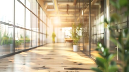 Fototapete - Beautiful blurred background of a modern Industrial office interior in Vintage tone with panoramic windows glass partitions and plywood Wooden floor : Generative AI