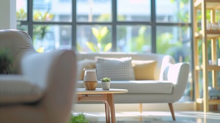 Blurred view of modern living room with sofa and soft bench room interior with  couch armchair and coffee table or shelving units stylish living room comfortable workplace near big win : Generative AI