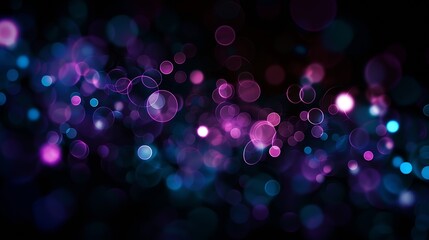 Aufkleber - Blur neon light Lens flare overlay Bokeh fluorescent flash gleam Defocused blue purple color flecks on dark black abstract background : Generative AI