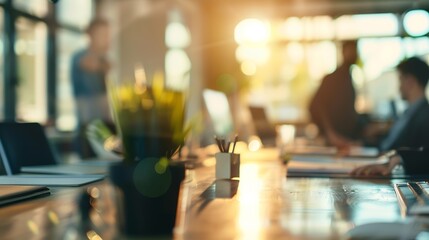 Leinwandbilder - Businessmen blur in the workplace or work space of table work in office with computer or shallow depth of focus of abstract background : Generative AI