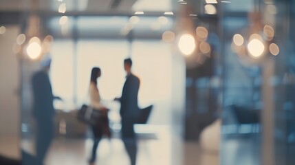 Aufkleber - Blurred office interior space with businessman and businesswoman meeting background with copy space : Generative AI