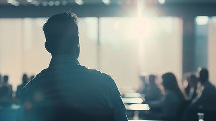 Poster - Business Presentation Blurred Background Businessman Giving Speech During Seminar With Coworkers In Office Standing At Desk In Boardroom Diverse People Sitting At Table And Listening T : Generative AI