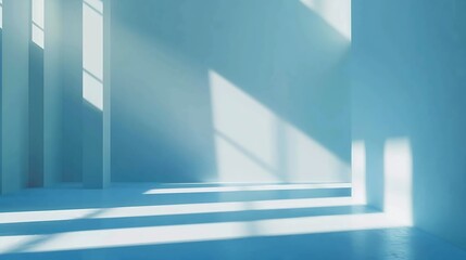 Fototapete - Minimalistic simple abstract light blue background for product presentation Shadow and light from windows on wall : Generative AI