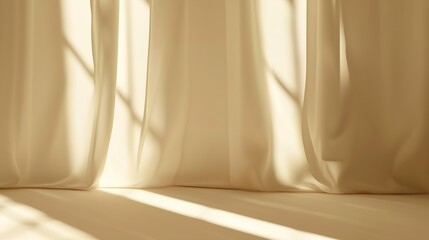 Poster - Minimalistic abstract gentle light beige background for product presentation with light and shadow of window curtains on wall : Generative AI