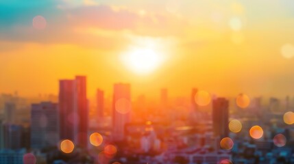 Poster - Summer sun blur golden hour hot sunset sky with city rooftop view background cityscape office building landscape blurry urban warm bright heat wave lights skyline heatwave bokeh for ev : Generative AI