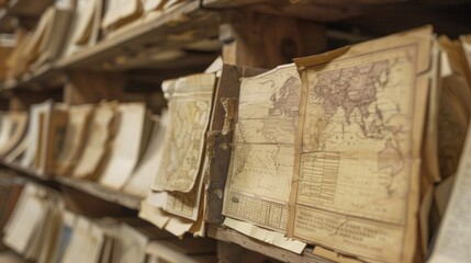 Wall Mural - A closeup of a shelf filled with historical documents such as maps letters and diagrams. The image highlights the vast array of resources available for students of classical