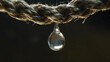 Close up view of a single crystal-clear water droplet hanging delicately from a taut, textured rope. The drop glistens in the light, highlighting the intricacies of the fiber