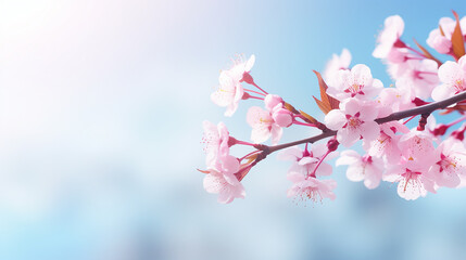 Wall Mural - branches of blossoming cherry macro with soft focus and blurred blue sky at the background