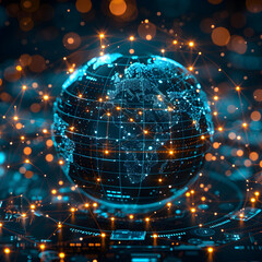 Wall Mural - A representation of the globe surrounded by technology icons and connecting lines, symbolizing global impact.