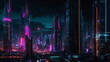 A futuristic city at night. A futuristic cityscape at night. The buildings are tall and sleek, with neon lights and glowing lines running along their sides. 
