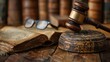 Legal system authority captured through gavel and spectacles on legal codes