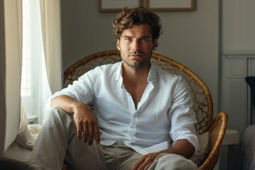 Confident handsome man sitting on chair looking at camera.