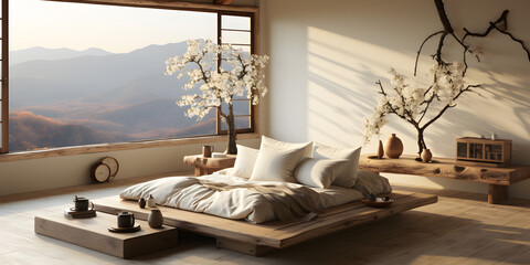 Wall Mural - Cozy beige Japandi bedroom interior, 3d render