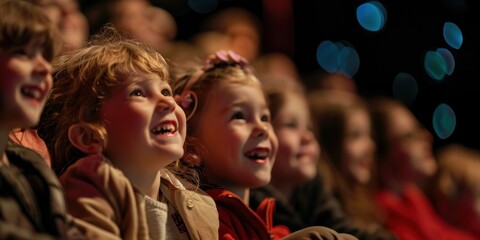 Group of Children Watching Live Theater Performance, Excited Kids on Educational Field Trip, Happy Boys and Girls Engaged in Cultural Experience, Young Audience at Playhouse