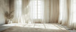 Empty room with roomy curtains and a rug in the style of light white and light brown, Opacity and translucency.Generative AI