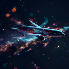 Wall Mural - An airplane flying in the right direction in the outer space in hologram.