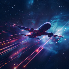 Wall Mural - An airplane flying in the right direction in the outer space in hologram.