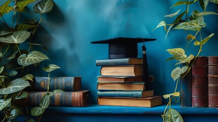 Wall Mural - Academic achievements represented by mortarboard and books against a tranquil blue backdrop