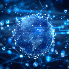 Wall Mural - A digital globe at the center, surrounded by interconnected nodes and social media icons.