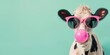 Adorable cow looking trendy in sunglasses and blowing bubble gum on a chic mint green backdrop, adding a touch of humor and playfulness to any design concept or project.