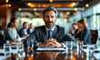 © Narin - Portrait of confident businessman sitting at table in conference room during meeting.