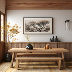 Wall Mural - Horizontal black frame mockup in farmhouse dining room interior, 3d render