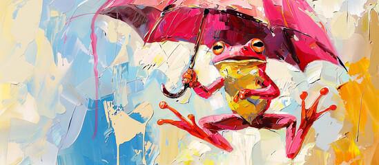 Wall Mural - Colorful Illustration of  cute pink frog with umbrella on abstract background. Oil painting.